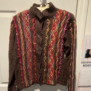 Talbots Brown Cable Knit Cardigan with Multicolor Accents